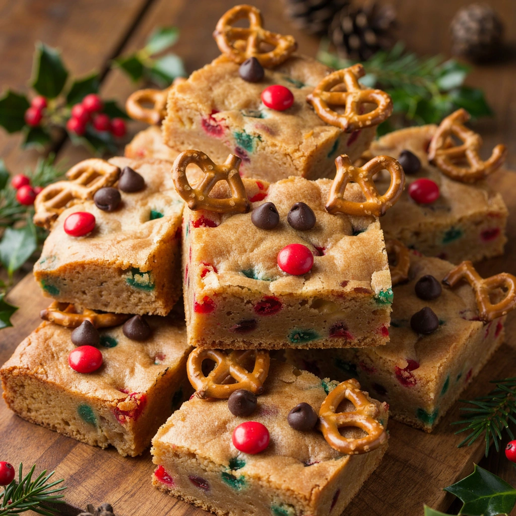 Tray of sliced sugar cookie bars frosted and decorated as reindeer with pretzel antlers and candy eyes