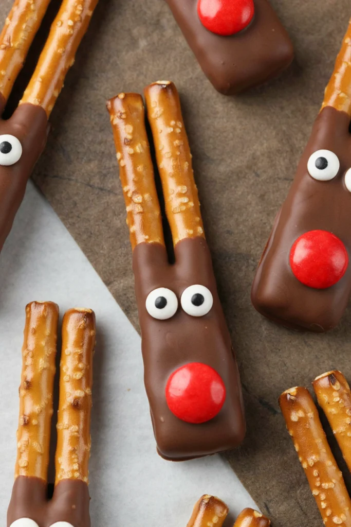 Chocolate-dipped pretzel rods decorated as reindeer standing upright in a glass jar