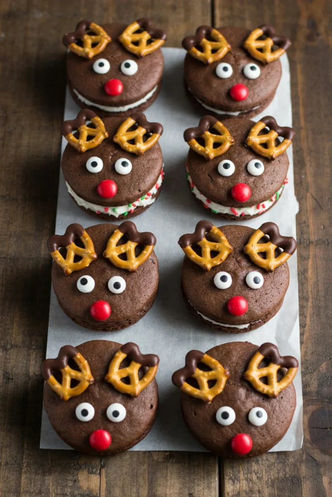 Chocolate whoopie pies with cream filling decorated as reindeer with pretzel antlers and candy eyes