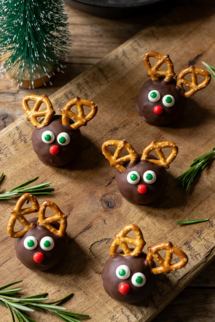 Chocolate-dipped peanut butter balls decorated as reindeer with pretzel antlers and candy eyes