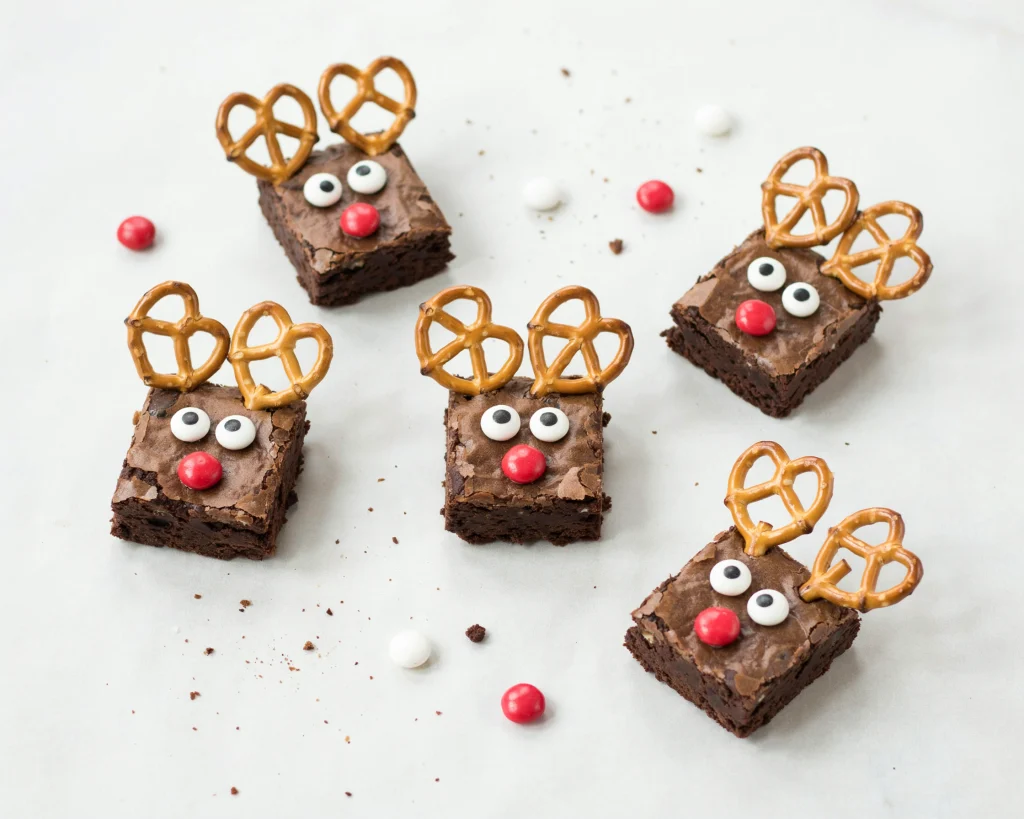 Squares of chocolate fudge decorated as reindeer with pretzel antlers and candy eyes on parchment paper