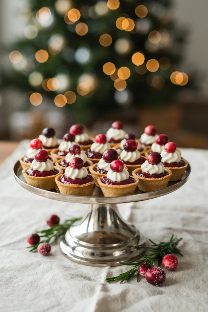 A row of tiny tart shells filled with vivid ruby cranberry curd, each topped with a small dollop of whipped cream and a single fresh cranberry.