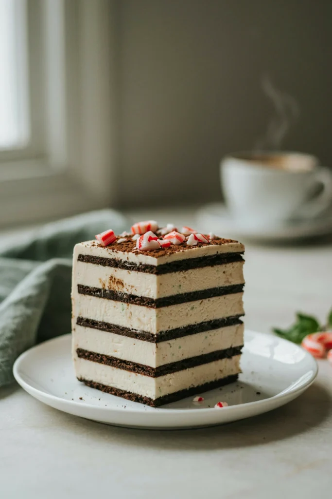 A sliced layered icebox cake with chocolate cookies and coffee-peppermint whipped cream, dusted with cocoa