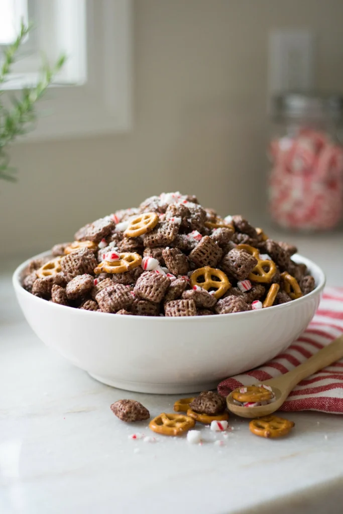 Bowl of peppermint chocolate Chex mix with pretzels and candy cane bits