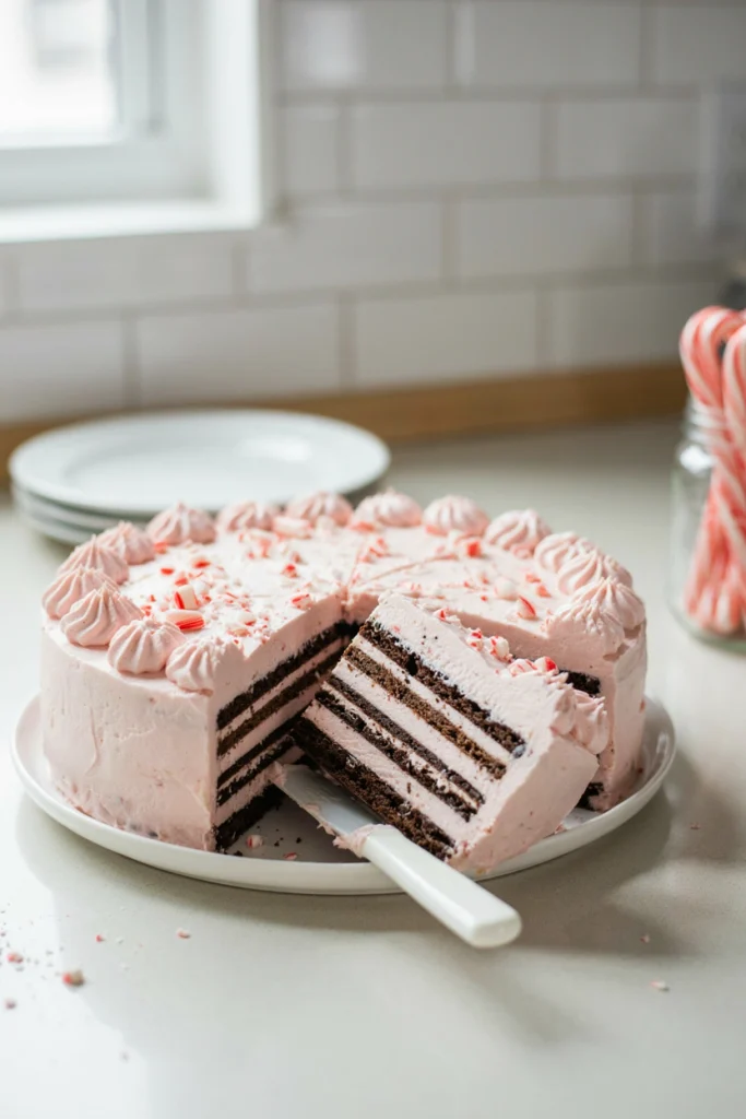 Sliced peppermint icebox cake with layers of chocolate wafers and whipped cream