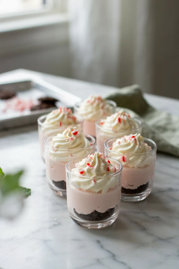 No-bake peppermint cheesecake jars layered with chocolate crumble and whipped cream