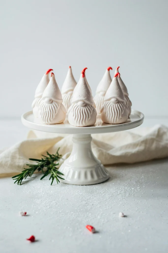 Individual cheesecakes with a swirl of pink and white filling and a mini candy cane stuck upright in each, on a red and white striped platter.