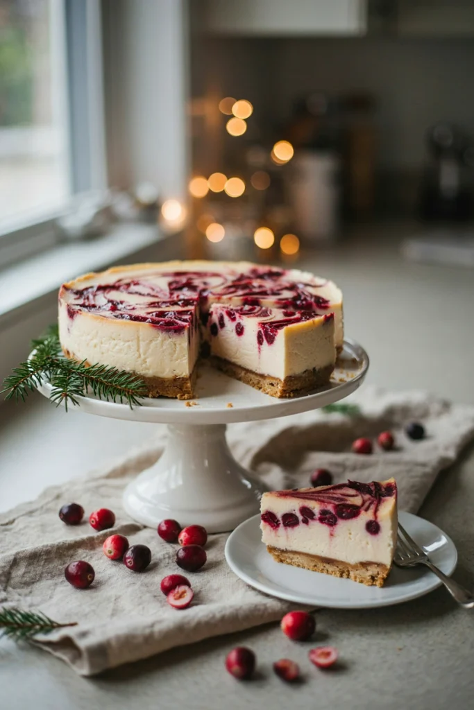 A no-bake cheesecake with a swirled cranberry topping on a graham cracker crust, sliced