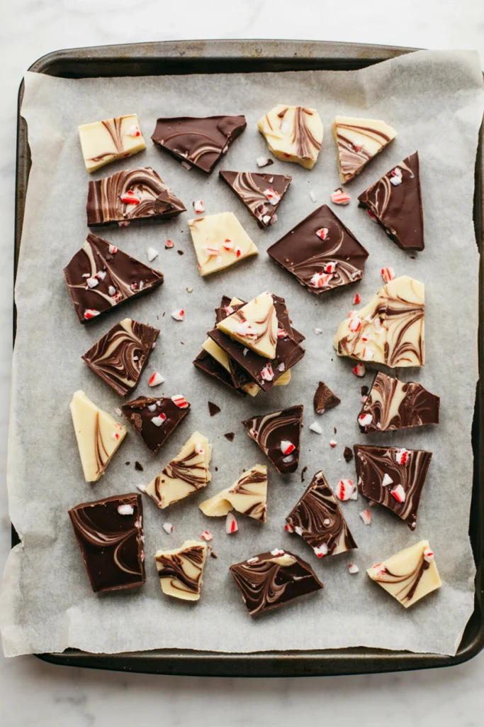 Dark and white chocolate peppermint bark broken into shards with candy cane pieces