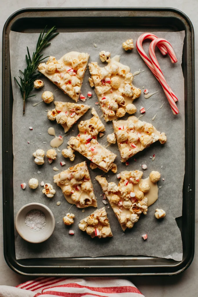 A sheet of white chocolate-coated popcorn studded with crushed candy cane pieces