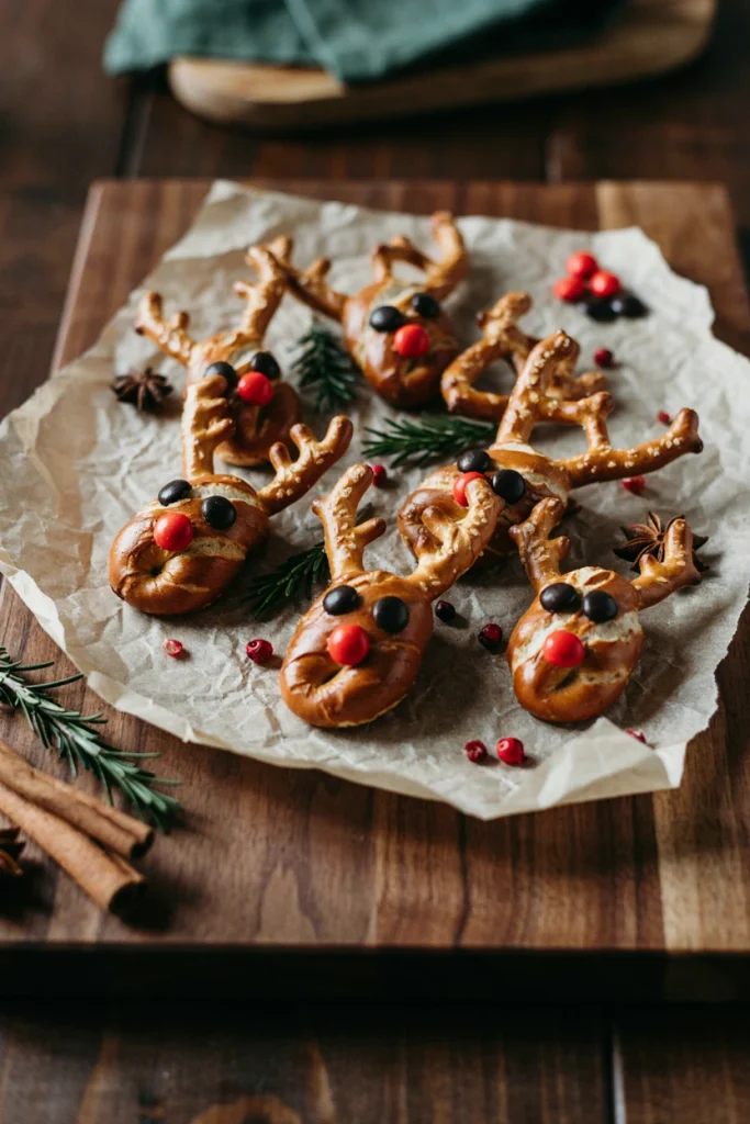 Pretzel reindeer treats with a melted Rolo candy center, candy eyes, and a red nose