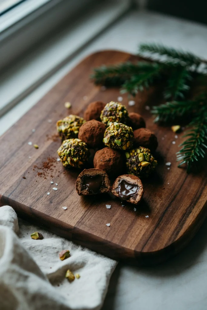 A pile of hand-rolled dark chocolate truffles, some dusted in cocoa, some rolled in crushed pistachio, on a rustic wooden board with a small dish of flaky salt.