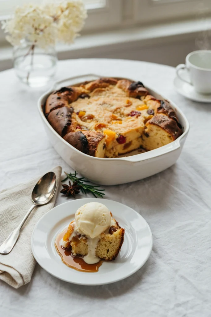 A warm, golden bread pudding studded with candied fruit peeking through, served in a rustic baking dish with a scoop of vanilla ice cream melting on top.