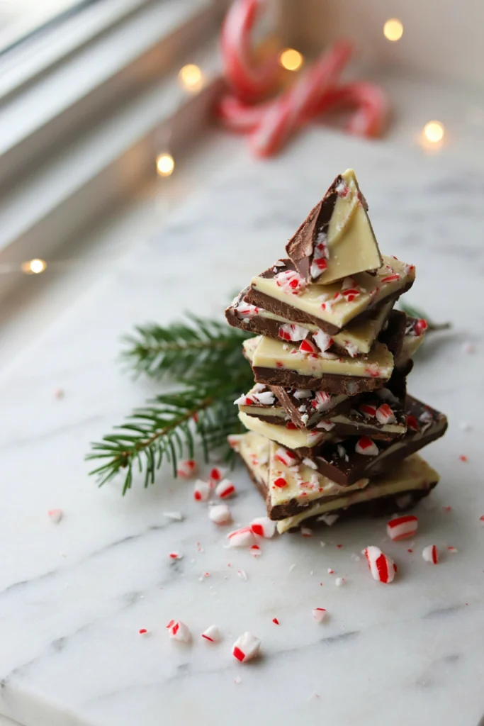 Broken shards of white and dark chocolate peppermint bark stacked on a marble slab with crushed candy canes