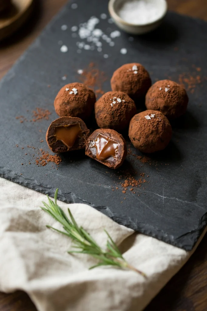 Dark chocolate salted caramel truffles dusted in cocoa powder and flaky sea salt, cut in half