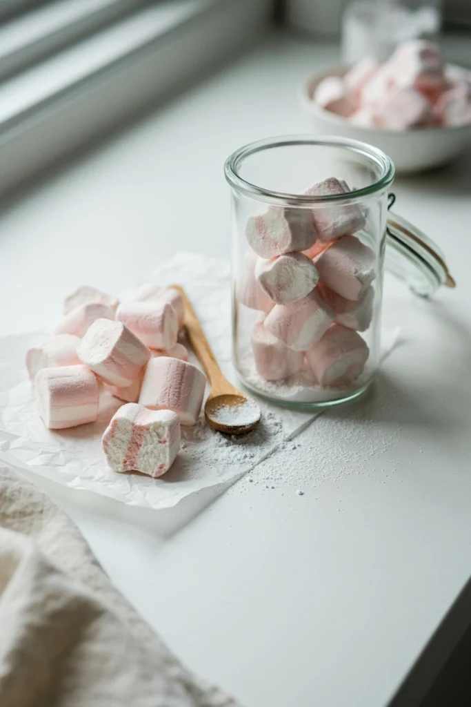 Homemade peppermint marshmallows dusted with powdered sugar