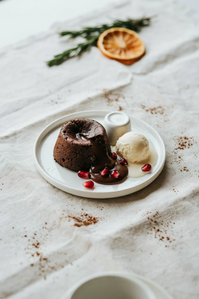 A single ramekin-baked chocolate cake split open on a plate with dark molten chocolate flowing out, a scoop of vanilla ice cream melting beside it.