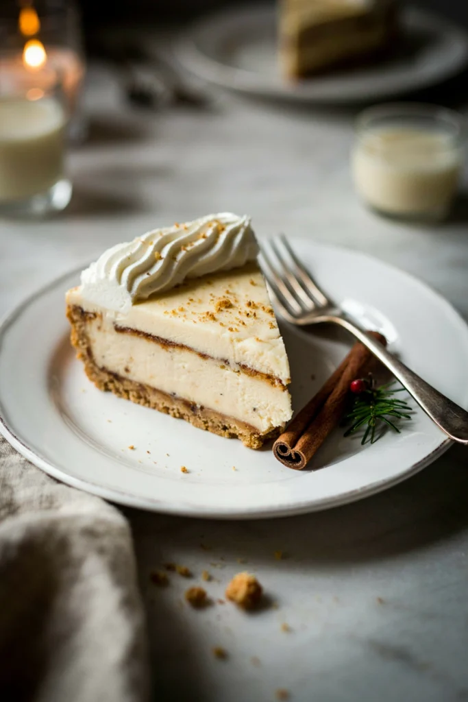 A slice of eggnog ice cream pie in a gingersnap crust, topped with whipped cream and nutmeg
