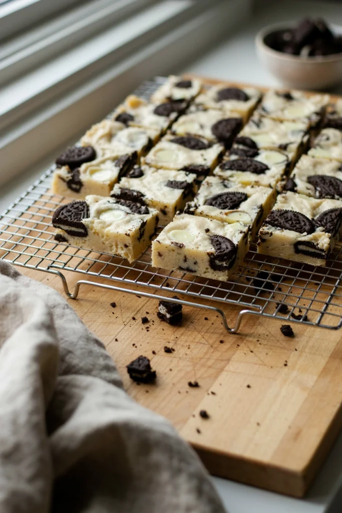 White chocolate bars loaded with crushed chocolate sandwich cookies, cut into squares