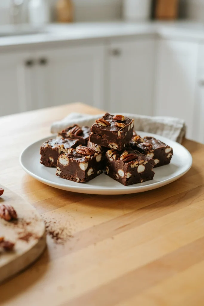 Fudge studded with mini marshmallows and chopped pecans, cut into rustic chunks