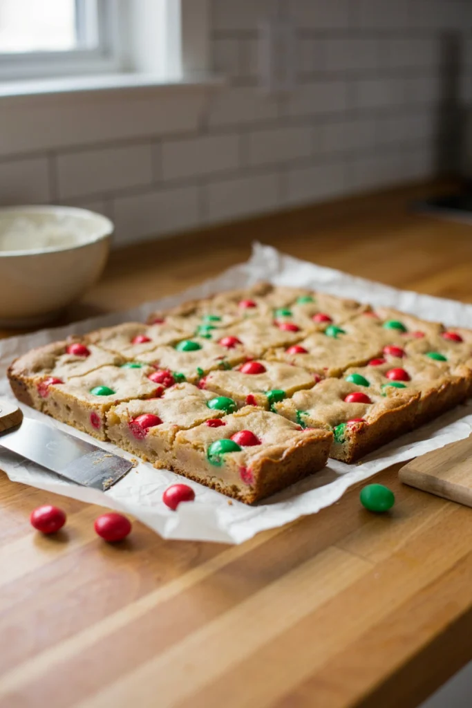 Thick cookie bars studded with red and green M&Ms, cut into squares