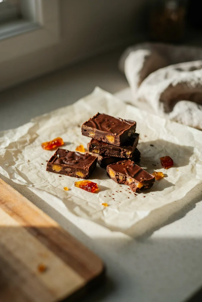 Dense chocolate bars studded with bits of toffee candy, cut into squares with a shiny cracked top