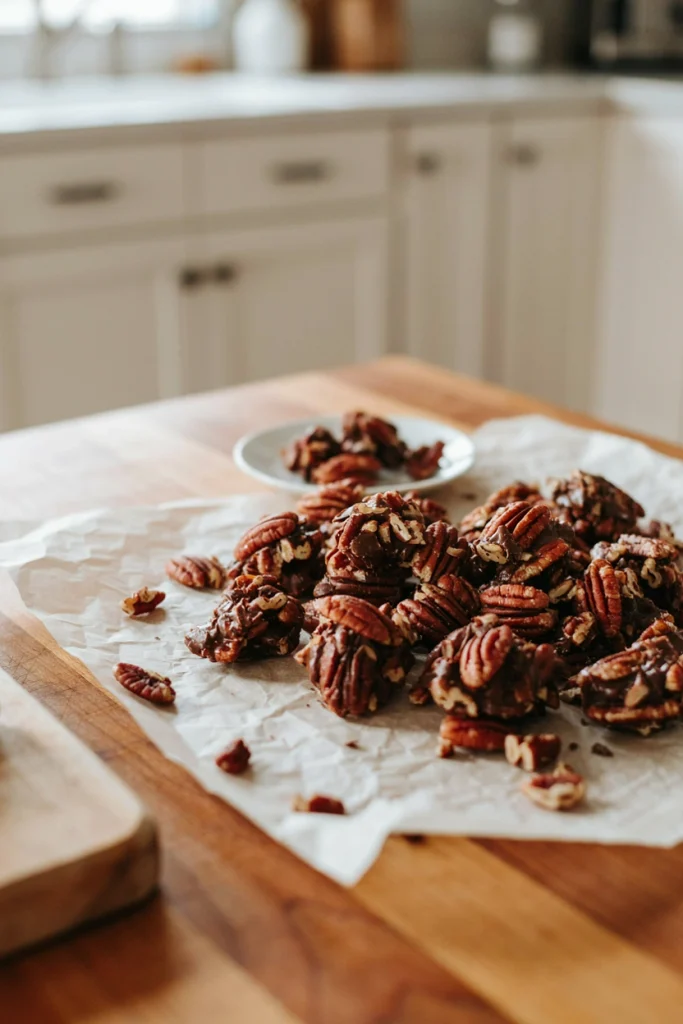 Rounded chocolate clusters loaded with pecan halves, glossy chocolate coating