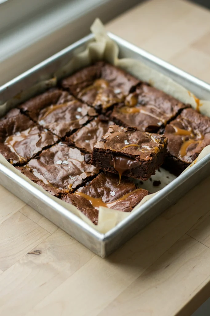 Dark brownies with a ribbon of golden caramel swirled through the top, flaky salt scattered over the surface