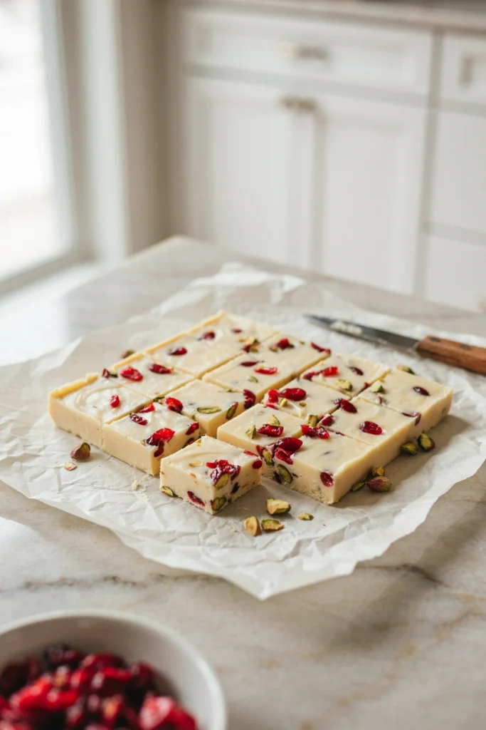 White chocolate fudge studded with red dried cranberries and green pistachios, festive color contrast