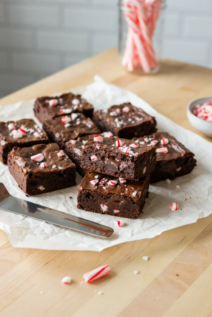Fudgy brownies topped with crushed candy cane, cut into squares