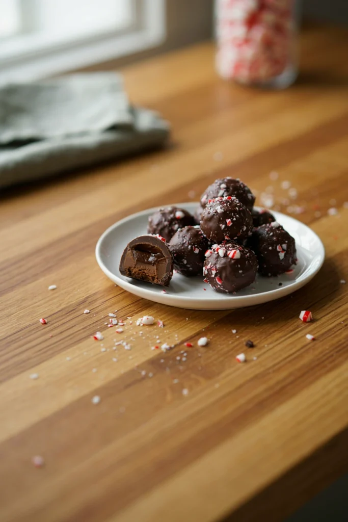 Dark chocolate truffles rolled in crushed candy cane, coffee-colored crumb visible