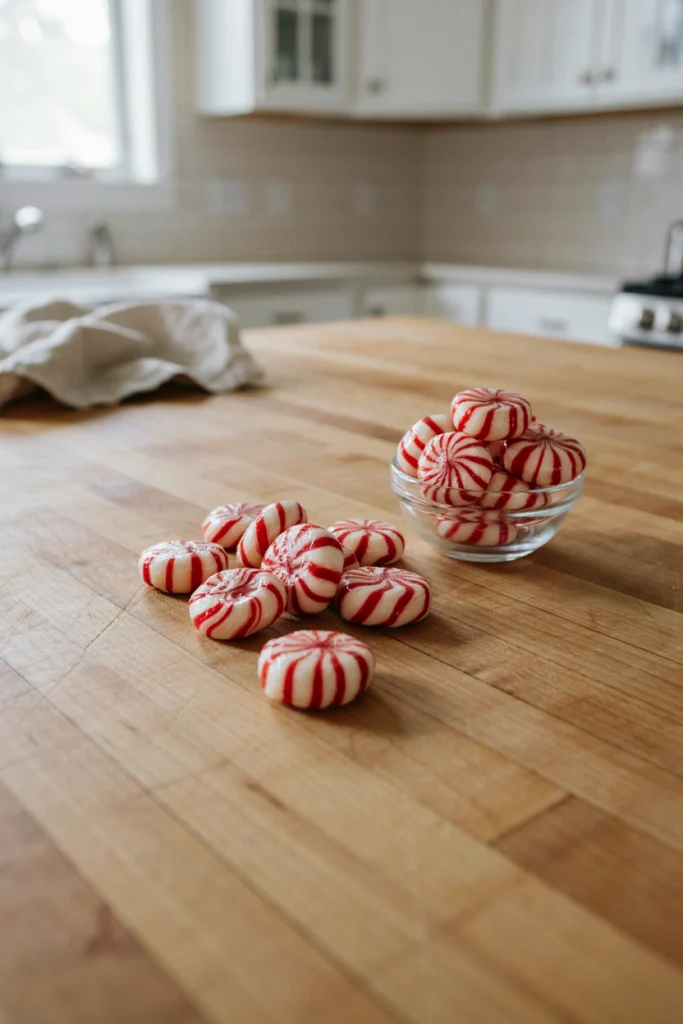 Red and white striped hard peppermint candies scattered on a wooden board