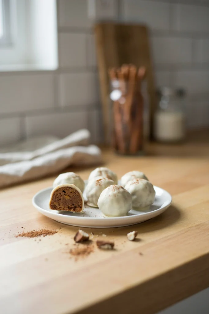 Spiced truffles coated in white chocolate with a light cinnamon dusting
