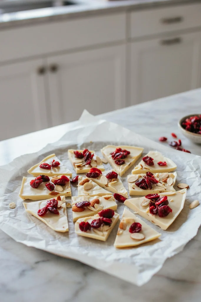White chocolate bark scattered with dried cranberries and sliced almonds