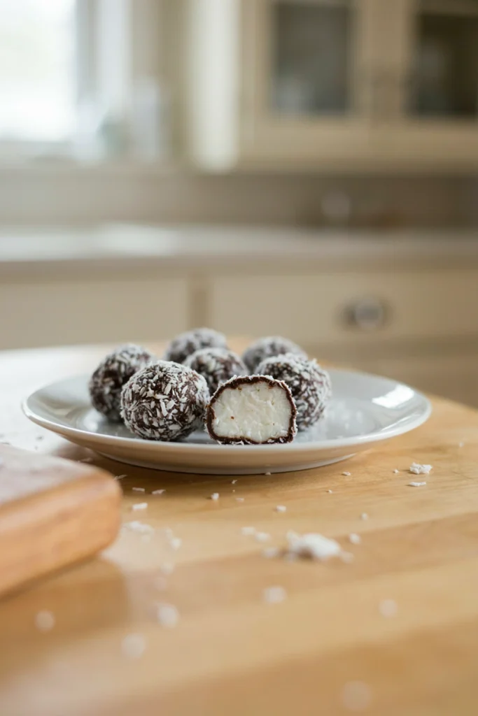 Coconut-coated dark chocolate balls arranged on a white plate