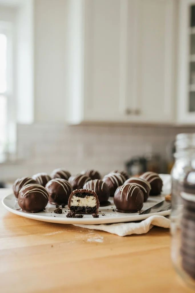 Chocolate-dipped Oreo balls on a platter, some drizzled with white chocolate