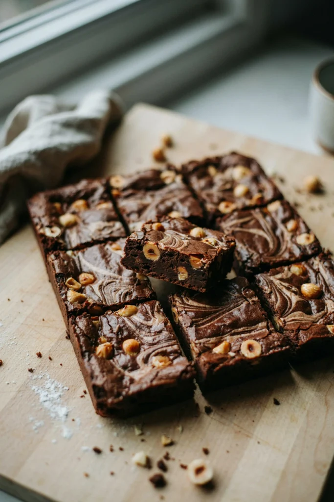 Fudgy brownies with a marbled swirl of hazelnut spread through the top, cut into squares