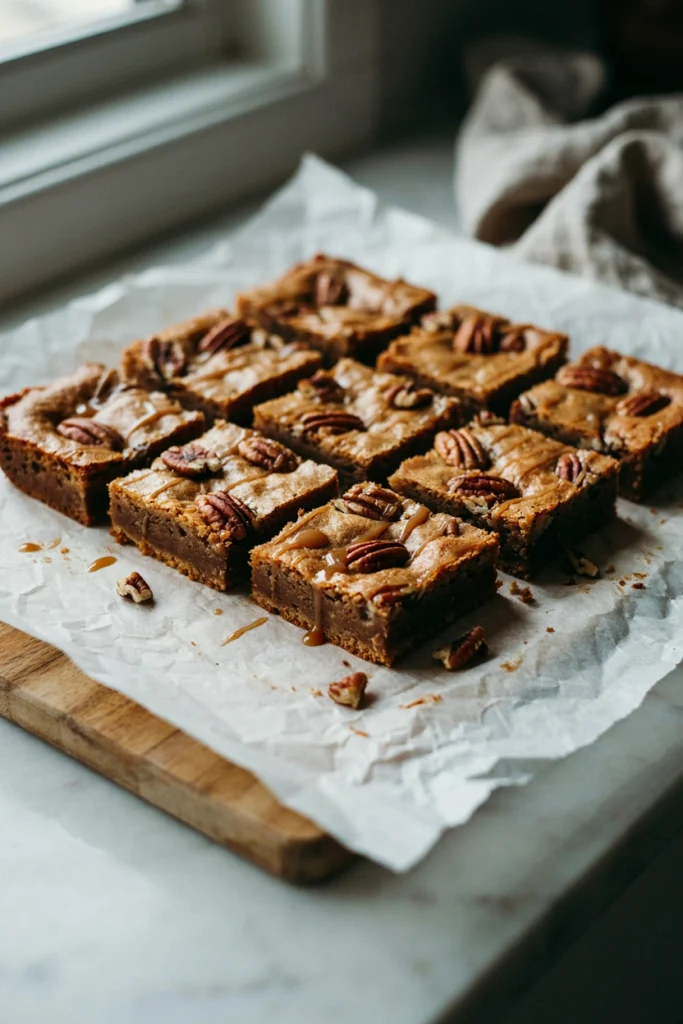 Golden blondies with a maple glaze and toasted pecan halves pressed into the top, cut into squares