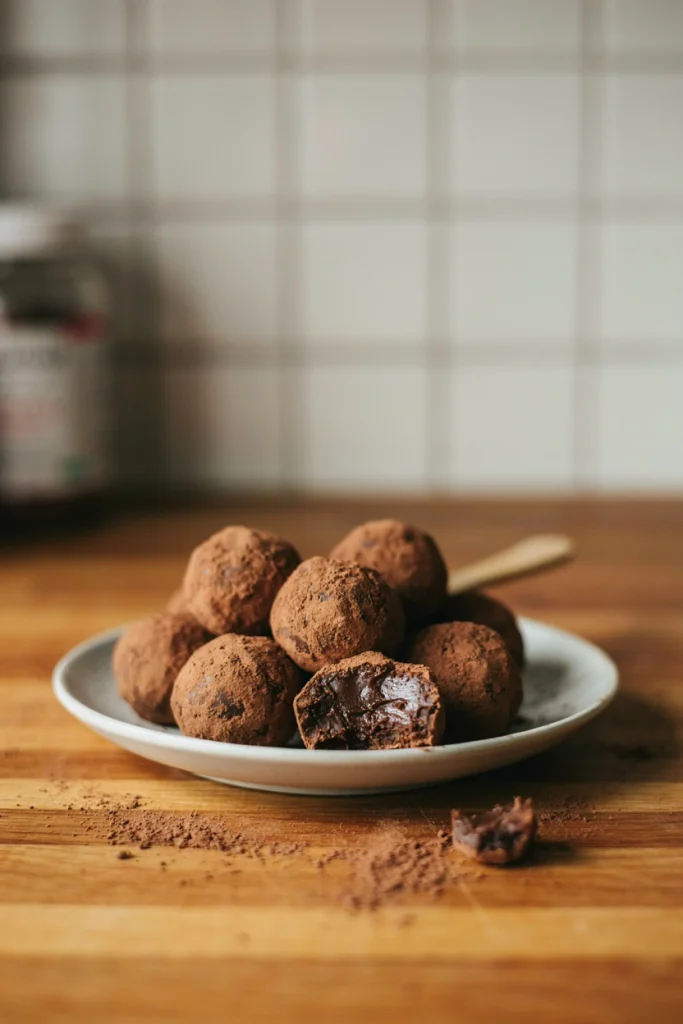 Glossy Nutella fudge balls rolled in cocoa powder on a dark plate