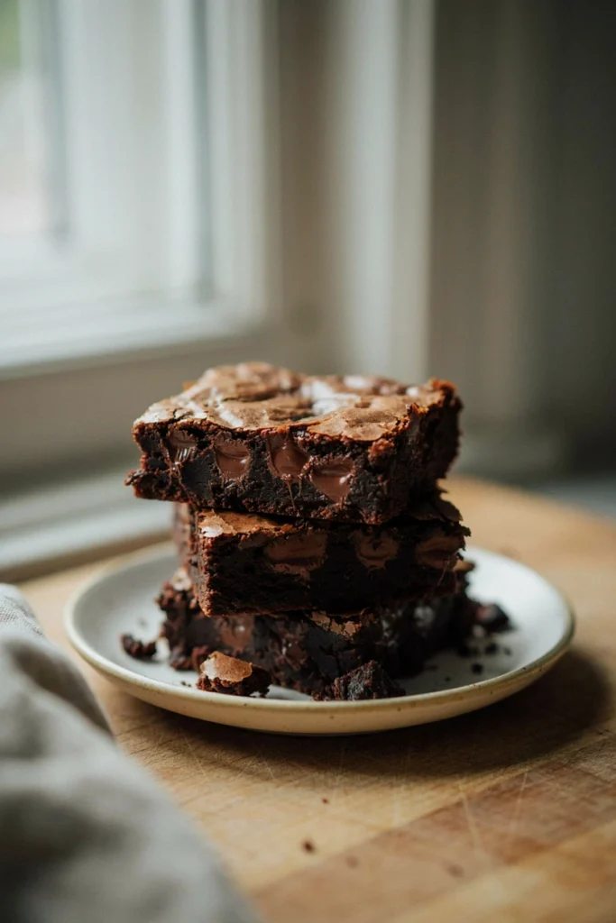 Extra thick brownies cut into large squares showing a dense, fudgy center loaded with visible chocolate chunks