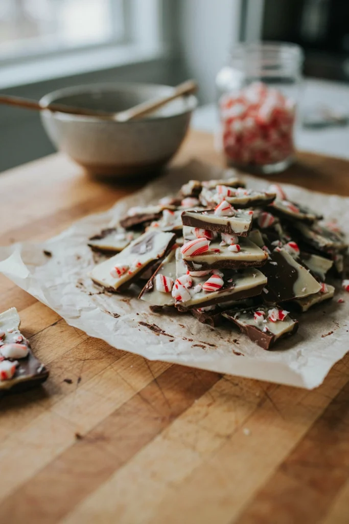 White and dark chocolate layered bark topped with crushed candy cane, broken into pieces
