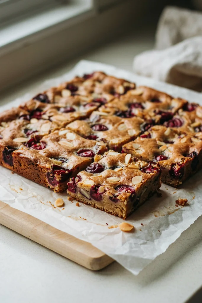Golden blondies studded with chopped dried cherries and sliced almonds, cut into squares
