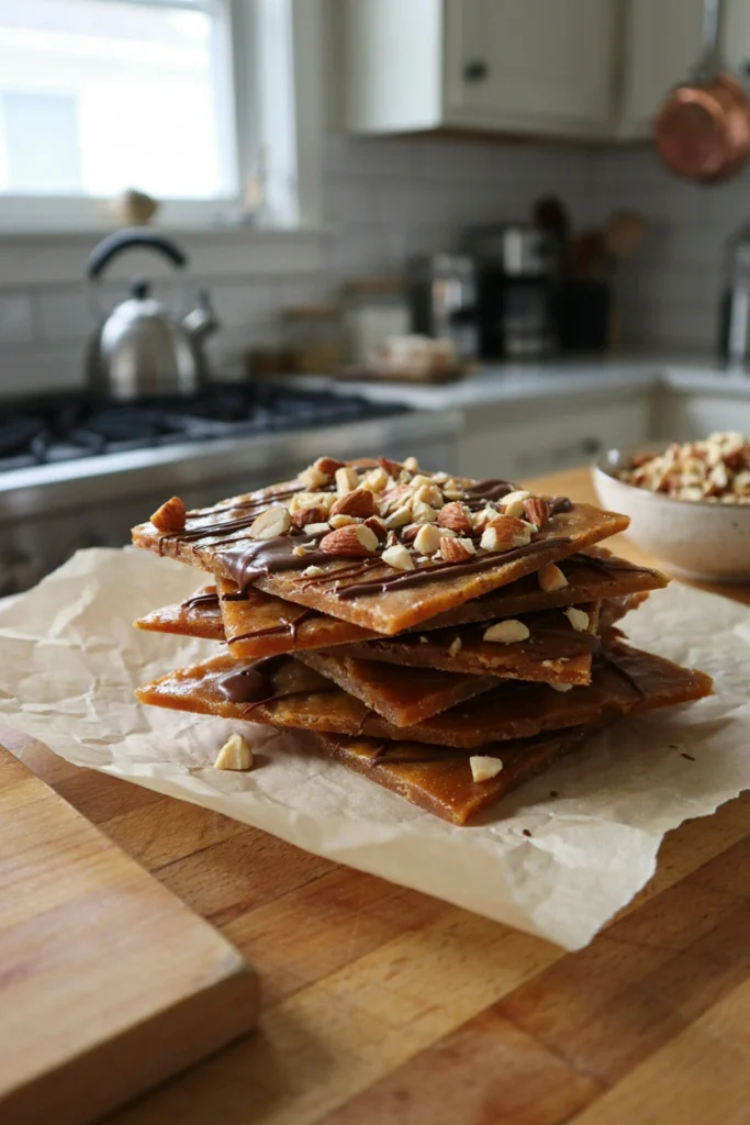 Golden toffee bark topped with melted chocolate and chopped almonds, broken into shards
