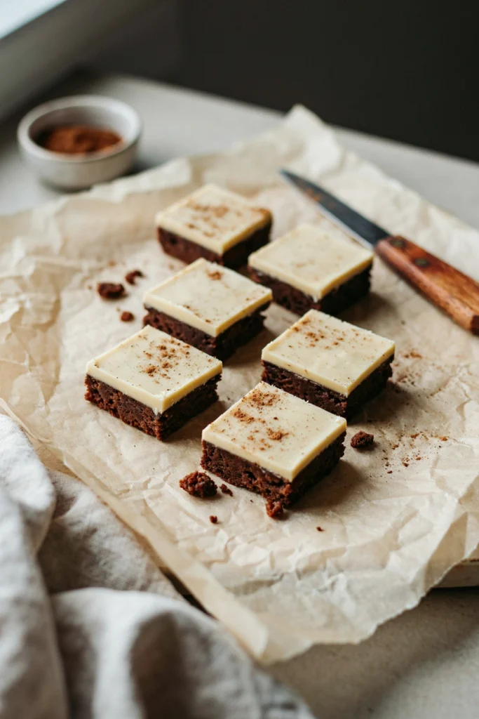 Spiced no-bake bars with a gingerbread cookie base coated in white chocolate, cut into squares