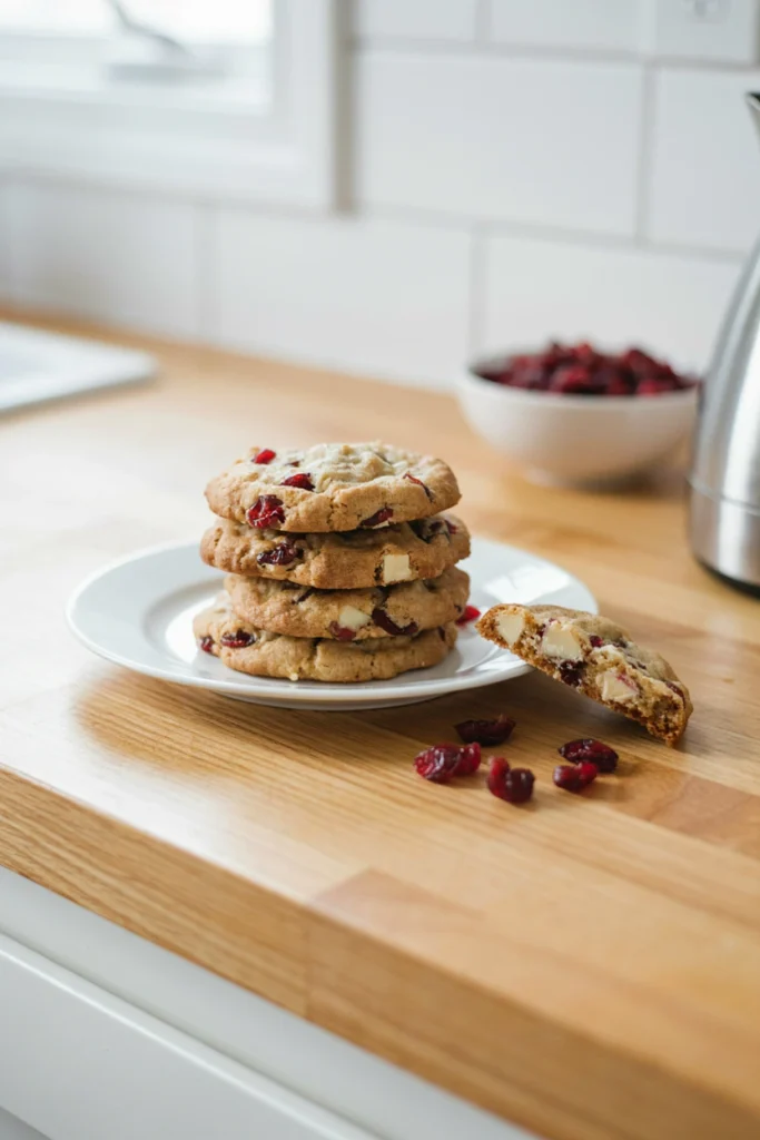 Golden cookies studded with white chocolate chunks and dried cranberries