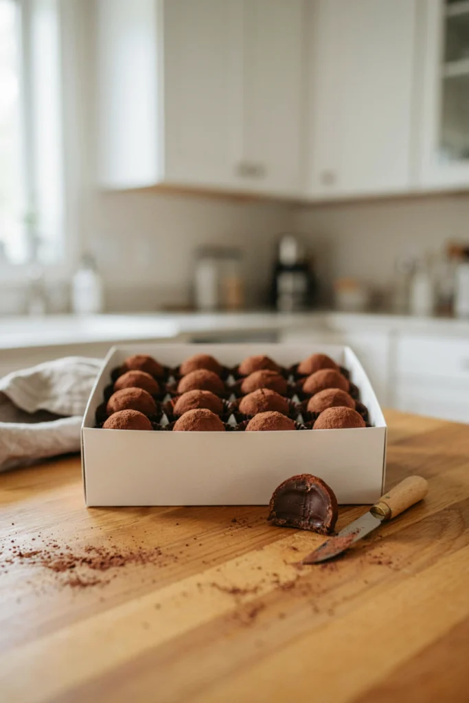 Cocoa-dusted chocolate truffles arranged in a mini muffin liner box