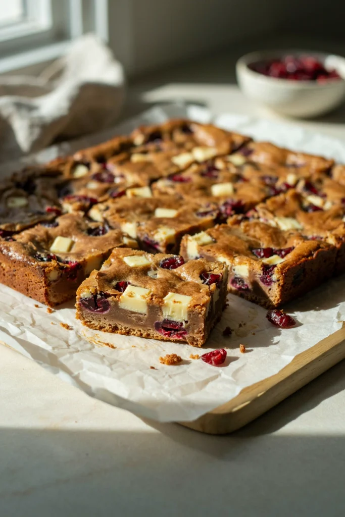Golden blondie-style bars studded with dried cranberries and white chocolate chunks, cut into squares on parchment