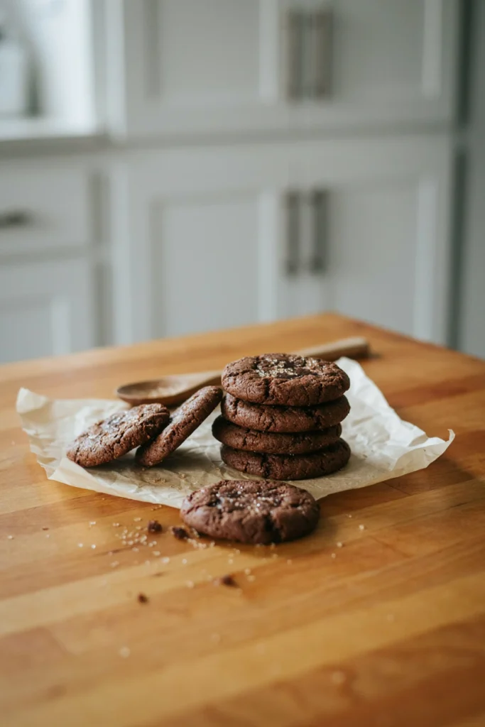 Dark molasses cookies with cracked sugar tops, warm and glossy looking