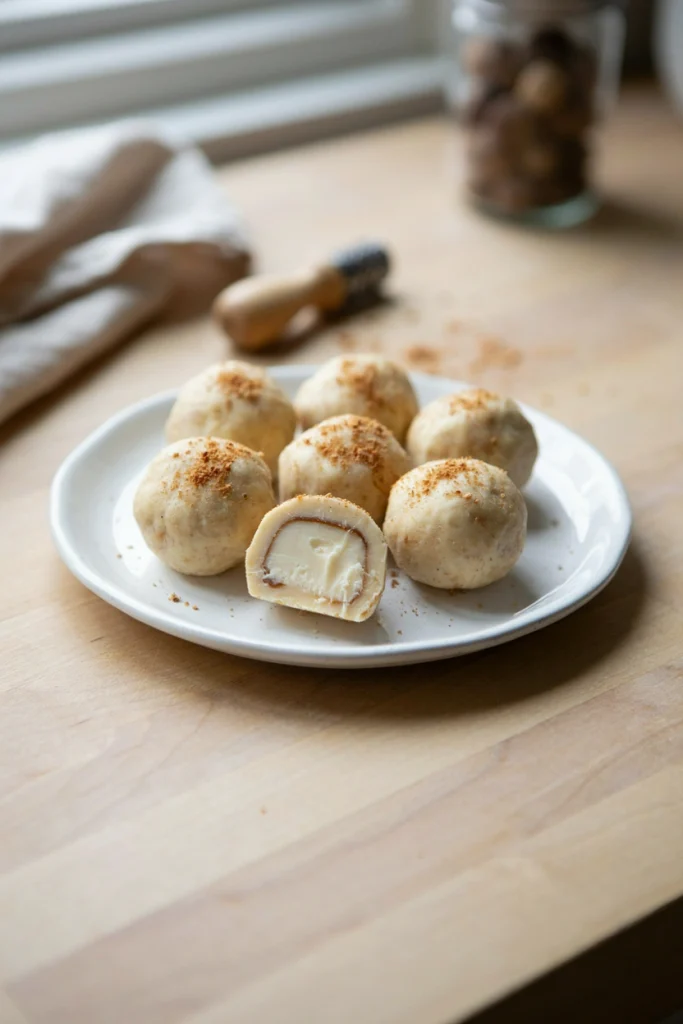 Pale golden truffles with a nutmeg dusting on top, arranged on a festive plate