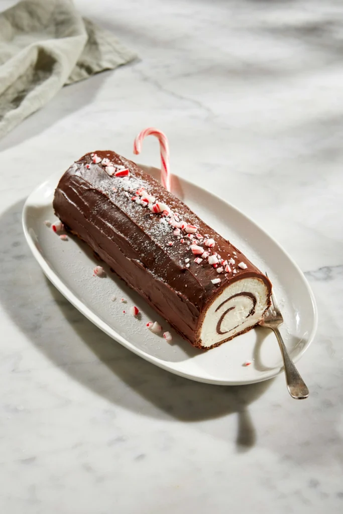 Peppermint chocolate yule log cake with textured ganache bark and powdered sugar snow